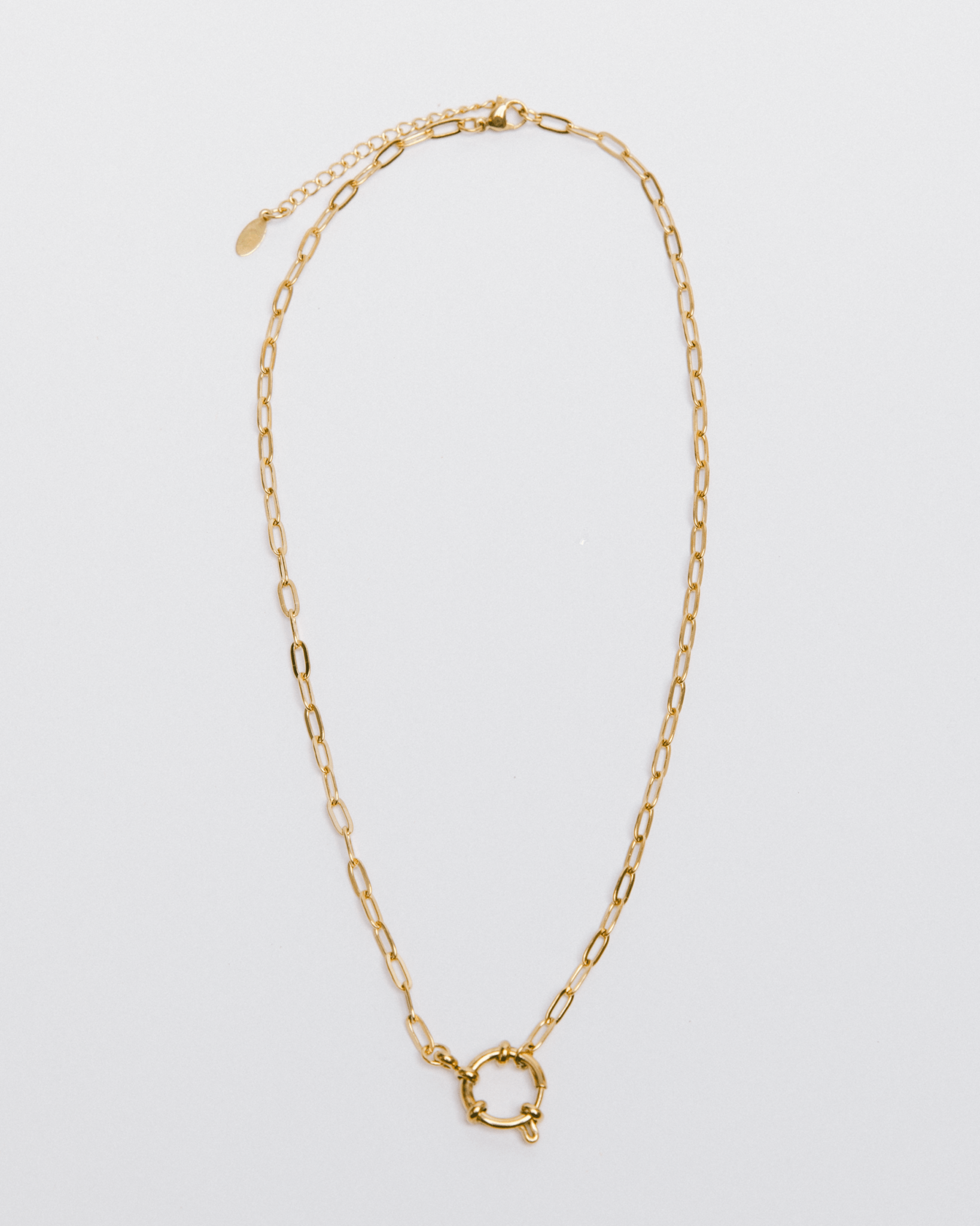 A gold link charm necklace with an adjustable clasp, displayed against a white background.