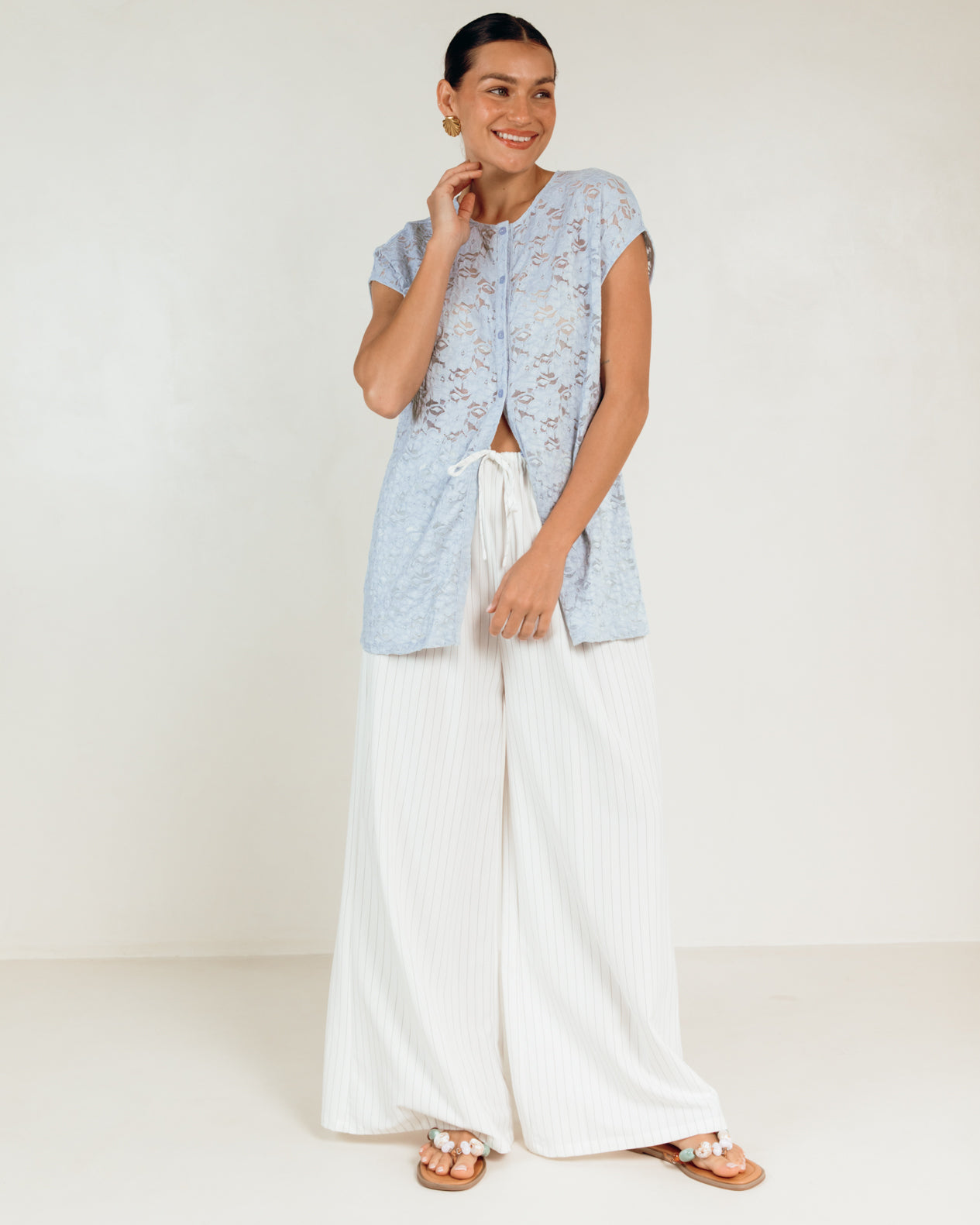 Poppy Lace Top in Blue - Button Down Front Breastfeeding Access - The Lullaby Club