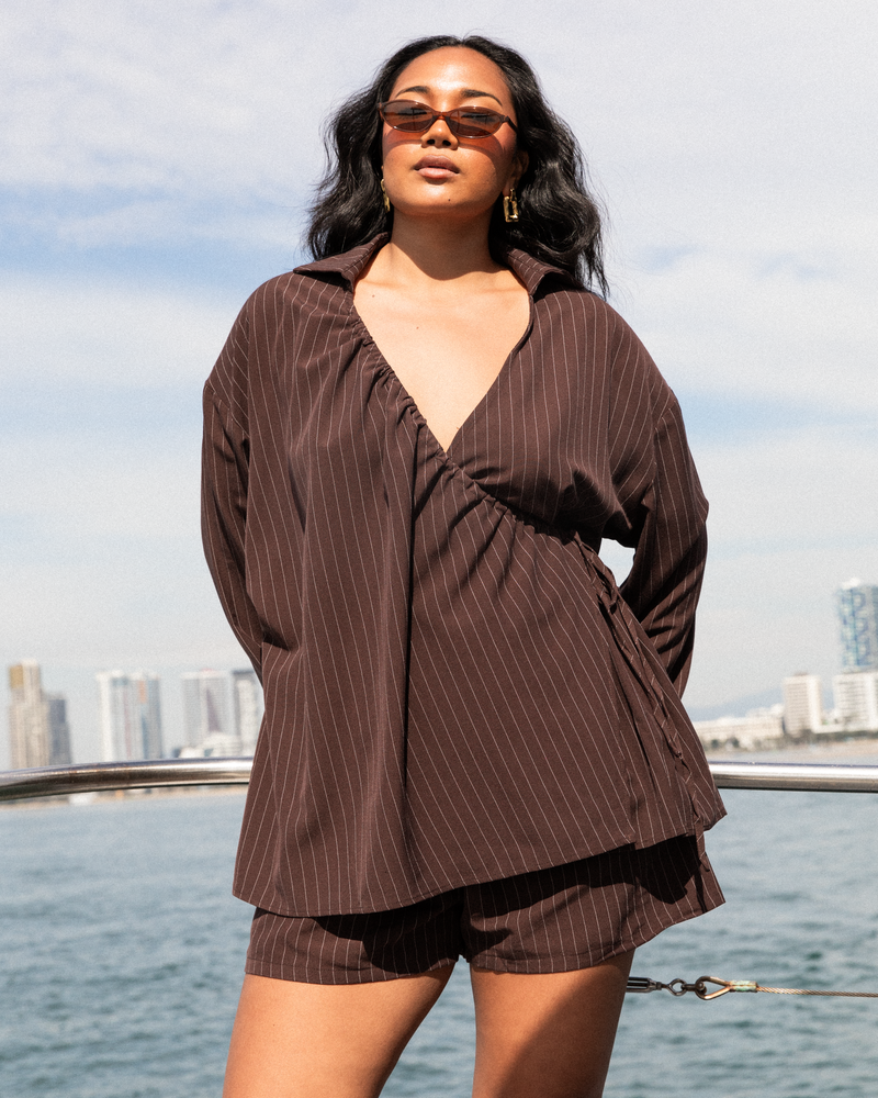 Elle Long Sleeve Top | Chocolate Pinstripe