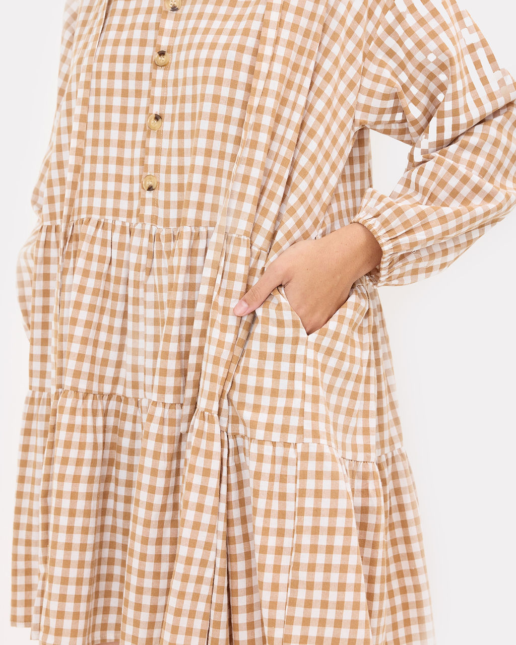 Avalon Smock Dress in Caramel Gingham - Functional Pockets - The Lullaby Club