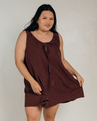 Evie Mini Dress in Chocolate Pinstripe - Breastfeeding Accessible Mini Dress - The Lullaby Club