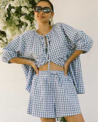 Florence Smock Top in Blue Gingham – Oversized maternity-friendly blouse with a reversible design