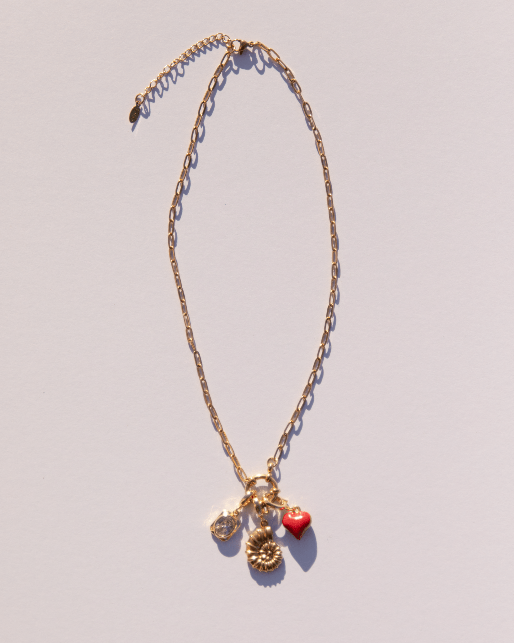 Adjustable gold link charm necklace with gold charms attached.