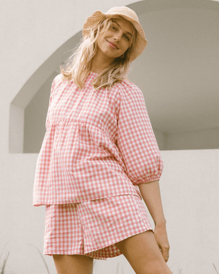 Pink Gingham Maternity Shorts for Pregnancy & Postpartum - Plus-Size Friendly