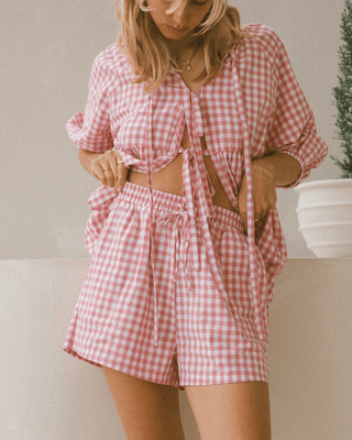 Pink Gingham Maternity Shorts for Pregnancy & Postpartum - Plus-Size Friendly