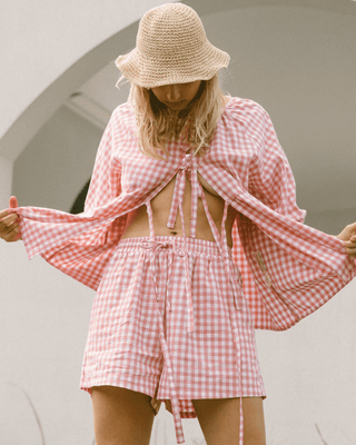 Pink Gingham Maternity Shorts for Pregnancy & Postpartum - Plus-Size Friendly