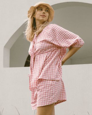 Pink Gingham Maternity Shorts for Pregnancy & Postpartum - Plus-Size Friendly