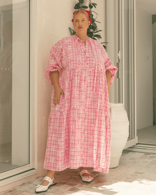 Maxi Avalon Smock Dress | Pink Gingham Embroidery