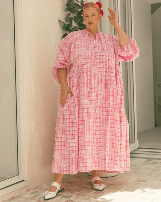 Maxi Avalon Smock Dress | Pink Gingham Embroidery